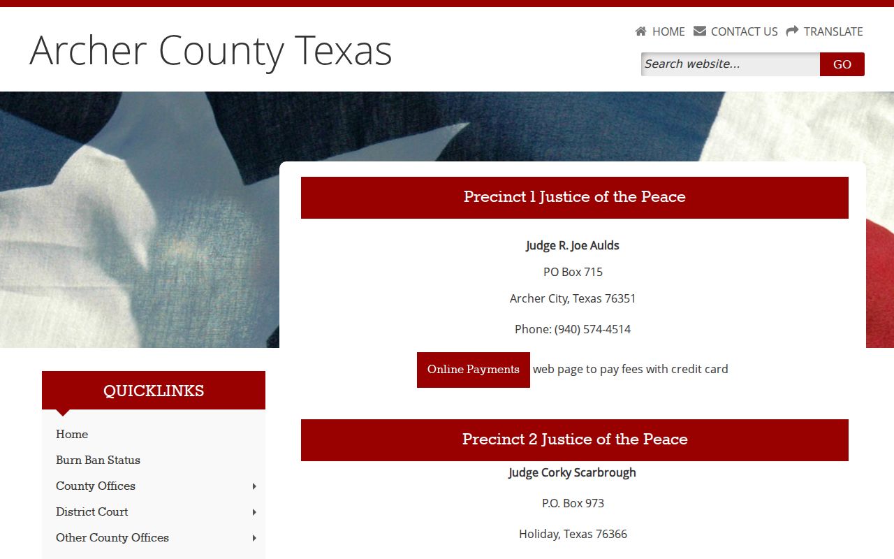 Archer County Justice of the Peace precinct contacts for bench-warrant questions