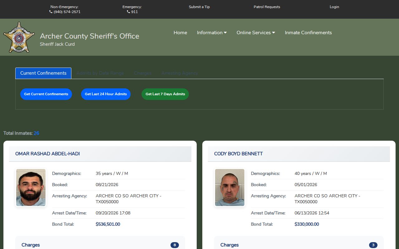 Archer County Inmate Confinements search controls, not an active-warrant list