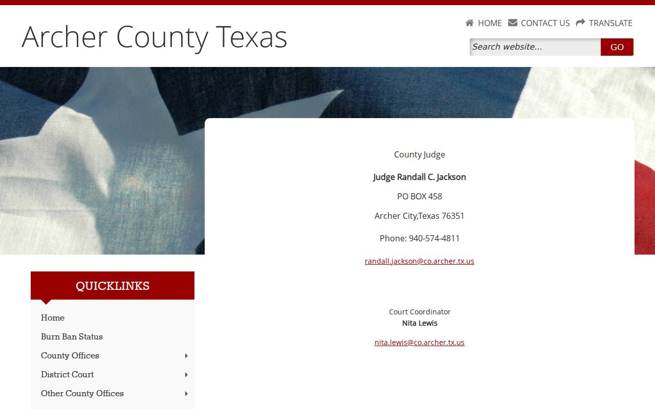 Archer County Court contact page for bench-warrant case routing