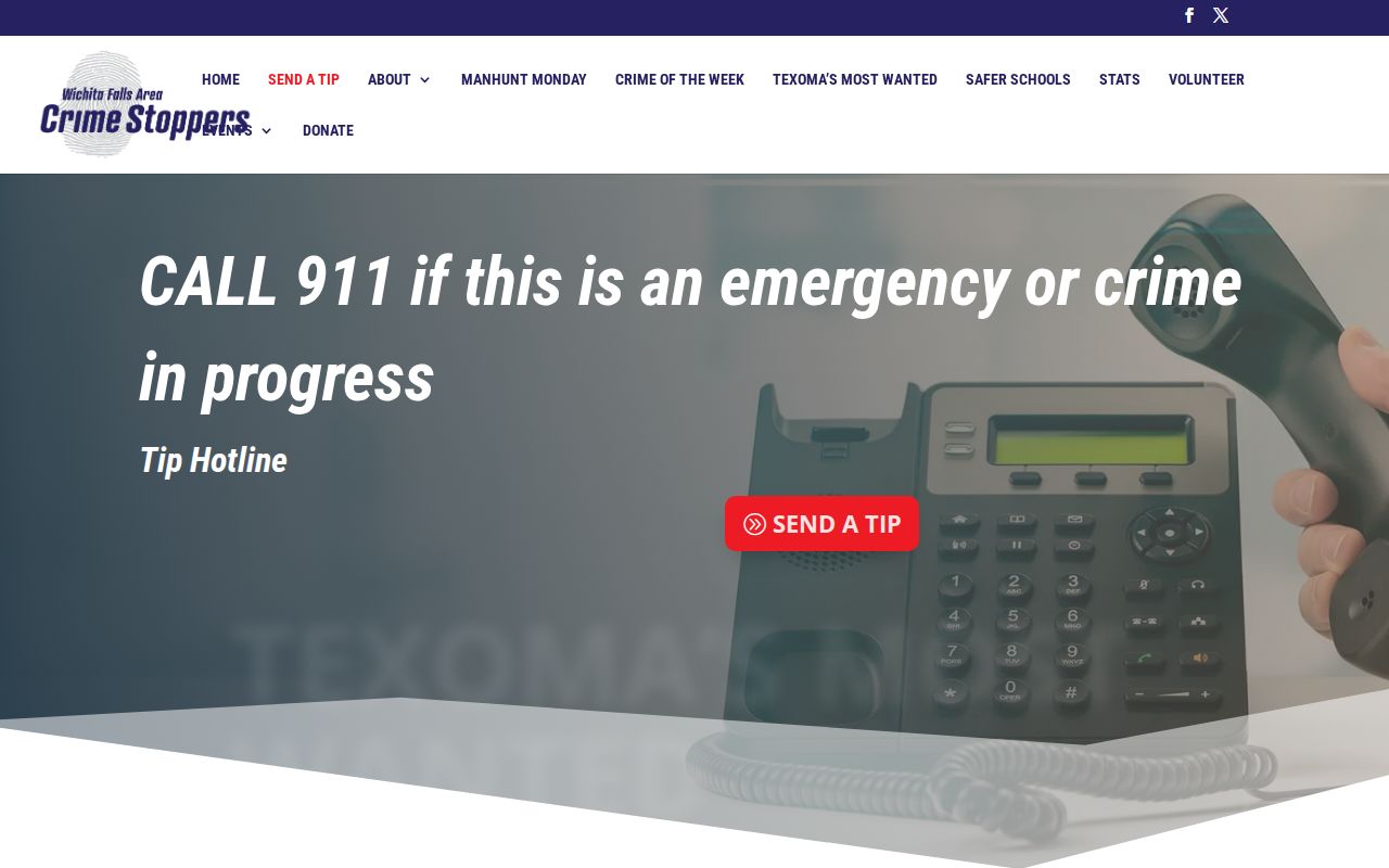 Crime Stoppers Archer County warrant-tip page warning to call 911 for emergencies