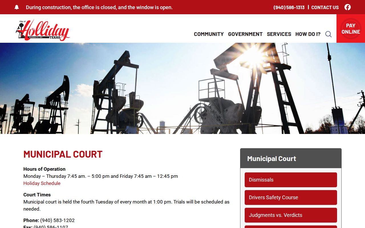 Holliday Municipal Court schedule and contact details for warrant questions