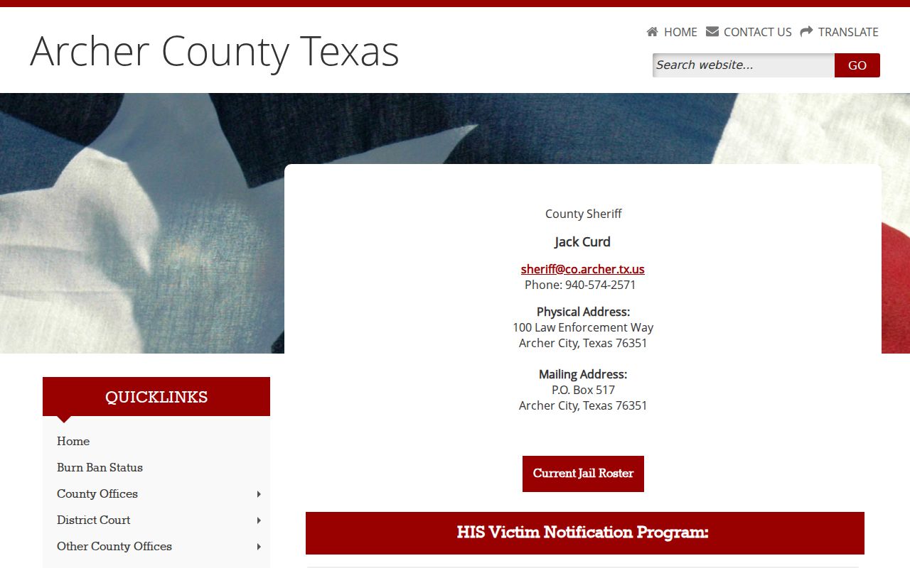 Archer County Sheriff contact page for arrest-warrant routing and custody questions