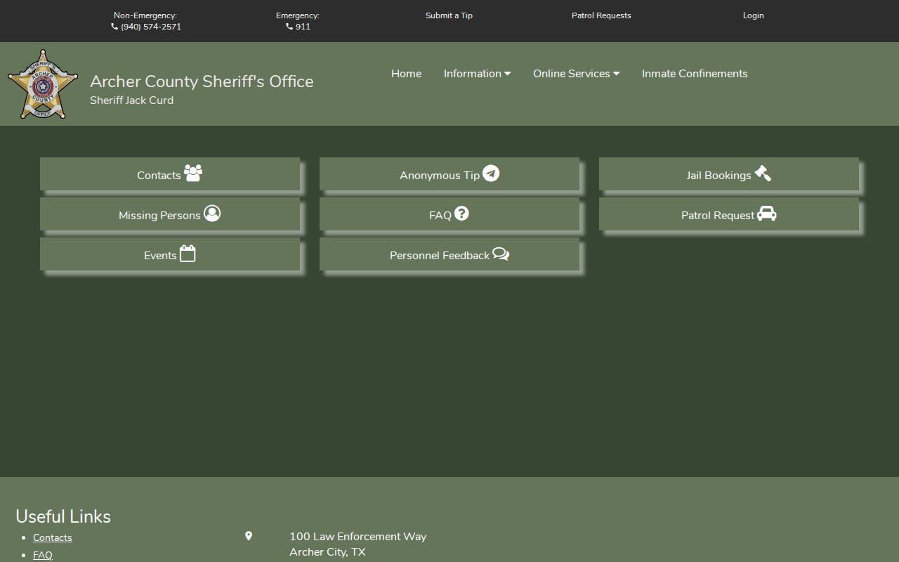 Archer County Southern Software portal navigation with custody tools but no warrant search